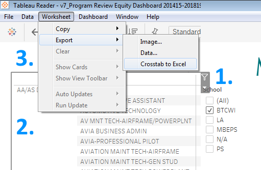 screenshot of the Tableau Reader menu with "Worksheet" clicked and "Export" then "Crosstab to Excel" hovered over