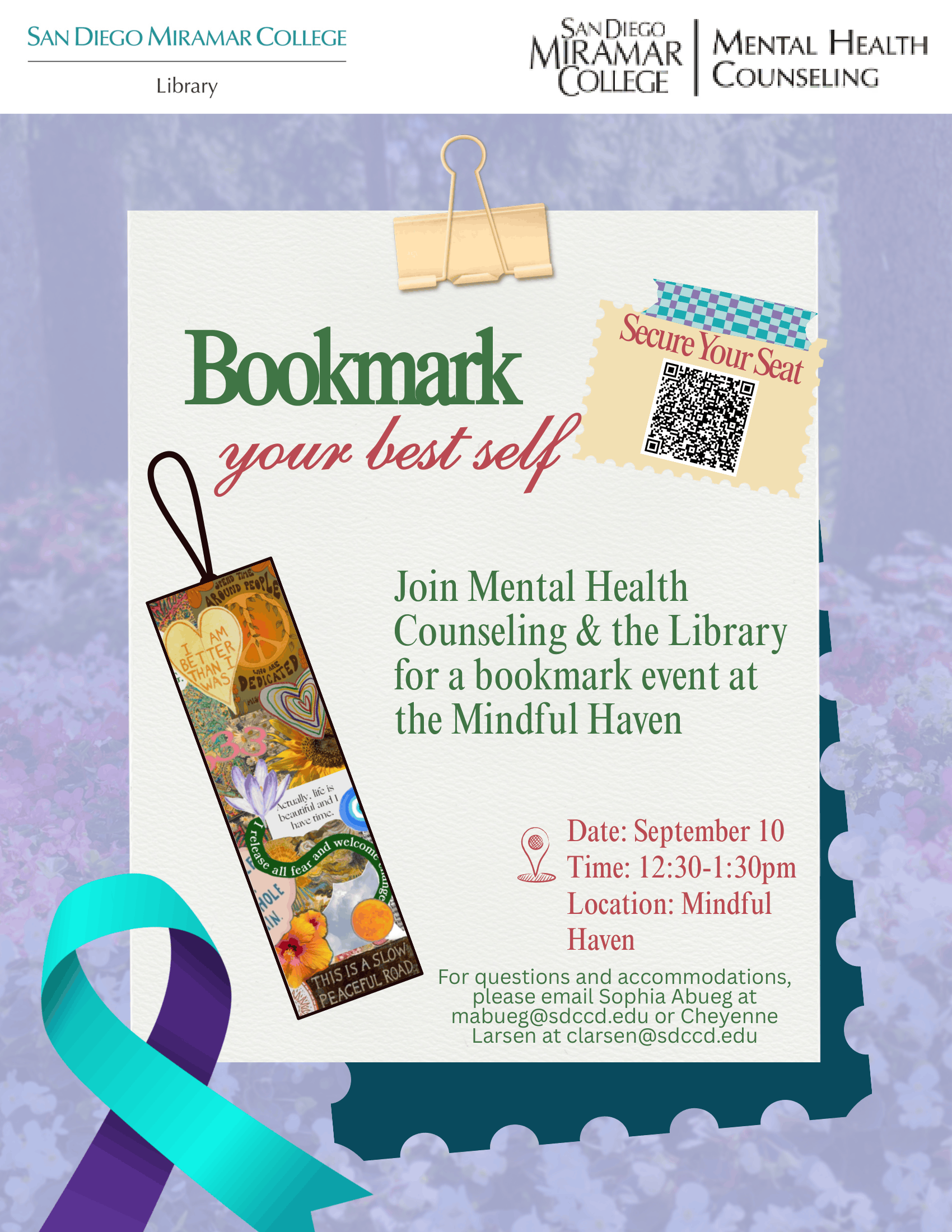 Join Mental Health Counseling and the library for a bookmark event at the Mindful Haven on September 10th from 12:30pm to 1:30pm.