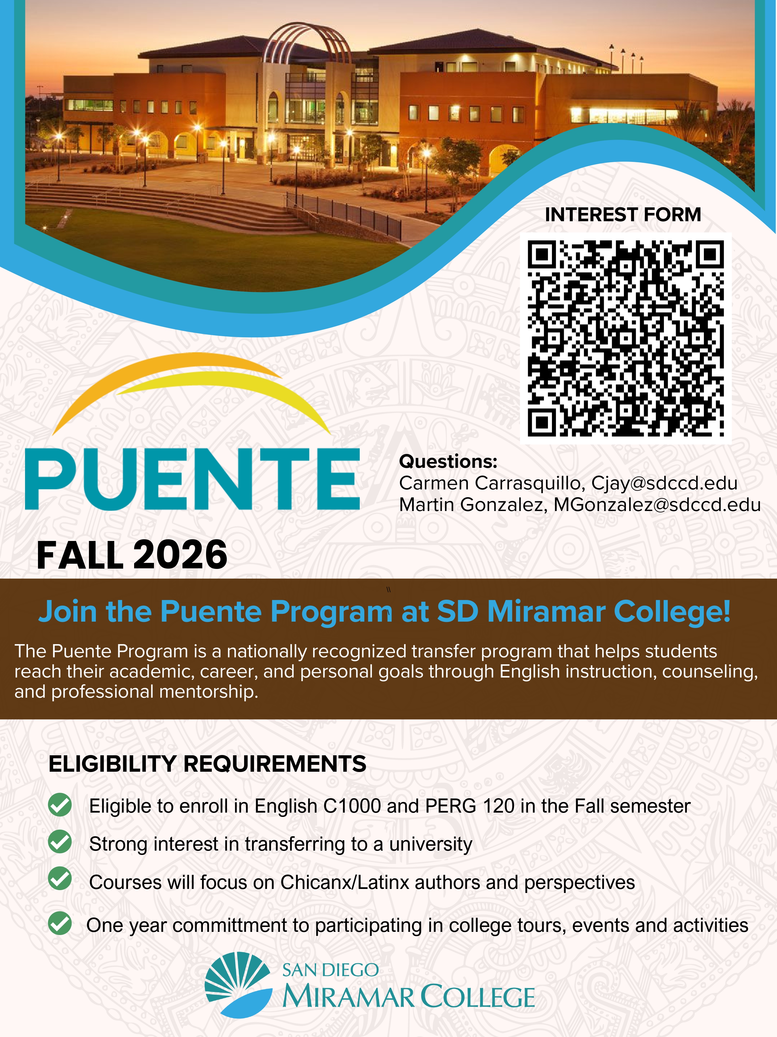 Questions contact Carmen Carrasquillo, Cjay@sdccd.edu, or Martin Gonzalez at MGonzalez@sdccd.edu