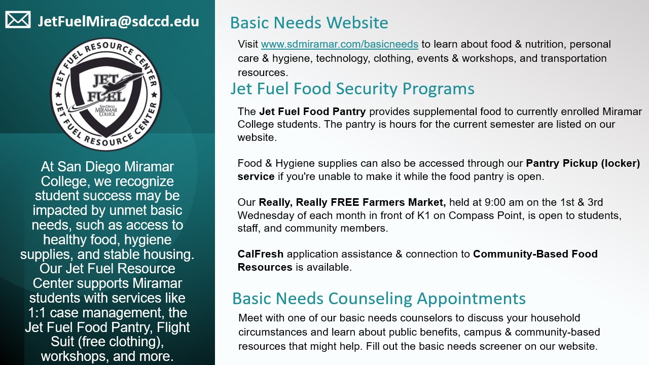 The Jet Fuel Food Pantry provides supplemental food to currently enrolled Miramar College students. The pantry is hours for the current semester are listed on our website.​  ​  Food & Hygiene supplies can also be accessed through our Pantry Pickup (locker) service if you're unable to make it while the food pantry is open.​  ​  Our Really, Really FREE Farmers Market, held at 9:00 am on the 1st & 3rd Wednesday of each month in front of K1 on Compass Point, is open to students, staff, and community members.​  ​  CalFresh application assistance & connection to Community-Based Food Resources is available.​ For more information visit www.sdmiramar.edu/basicneeds