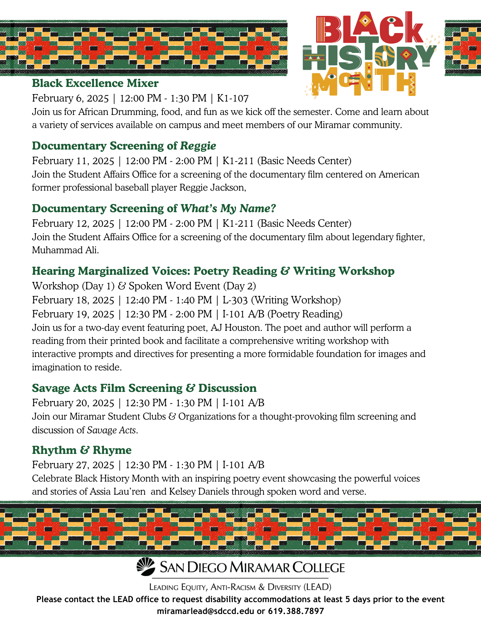 Black History Month Flyer with events schedule for February 2025