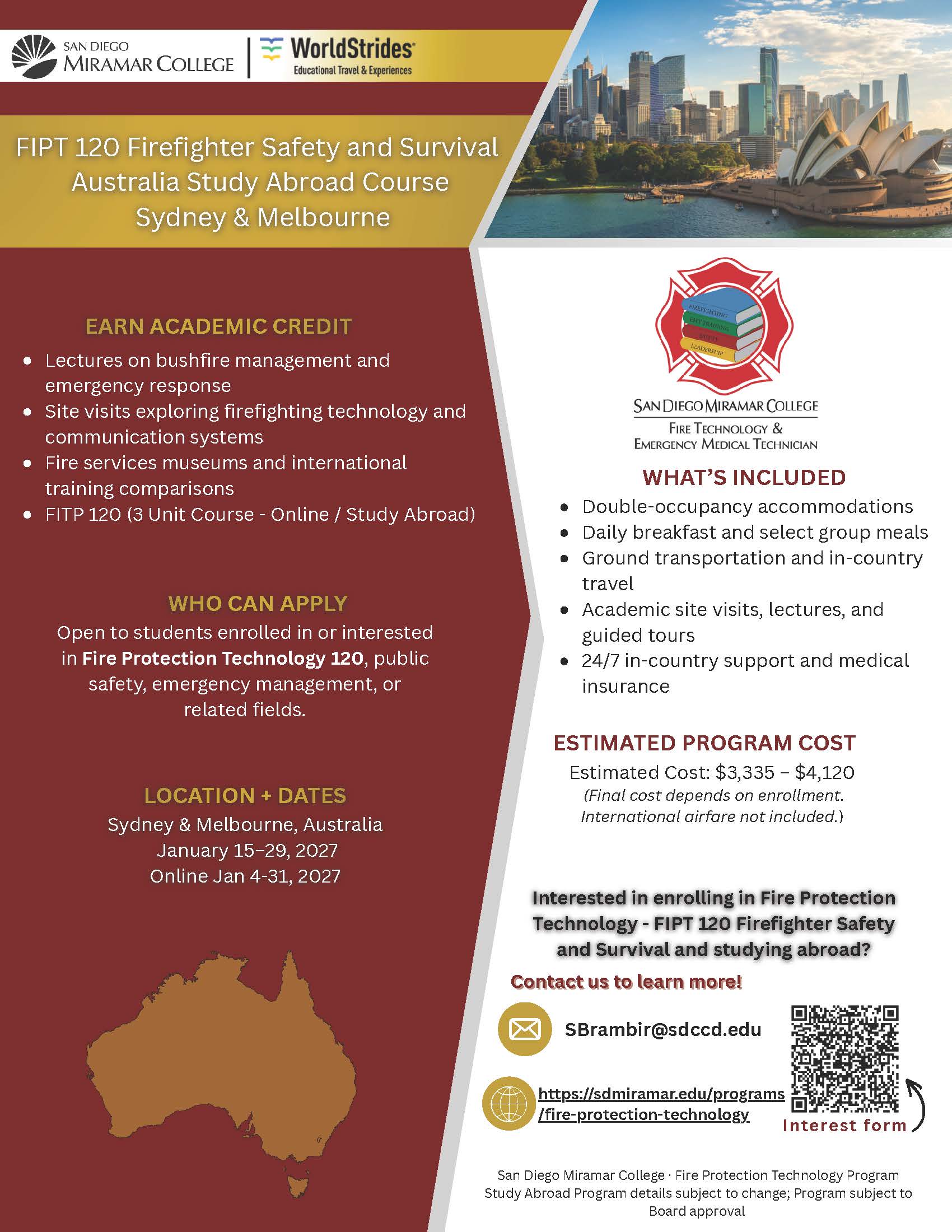 Firefighter Safety & Survival Australia study abroad flyer; details below