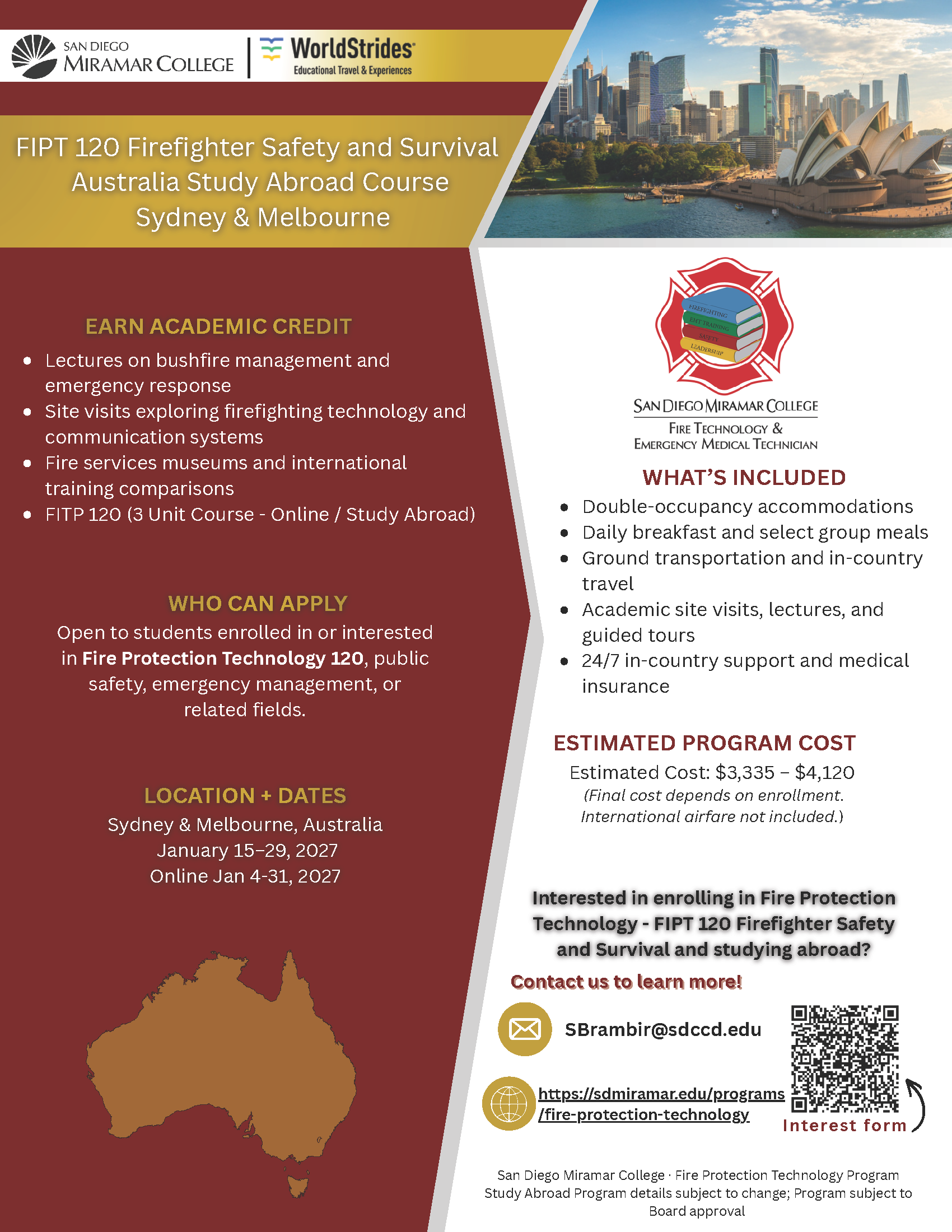 San Diego Miramar College FIPT 120 Australia Study Abroad flyer - Firefighter Safety and Survival in Sydney & Melbourne, January 2027, 3-unit course, $3,335-$4,120. Contact SBrambir@sdccd.edu.