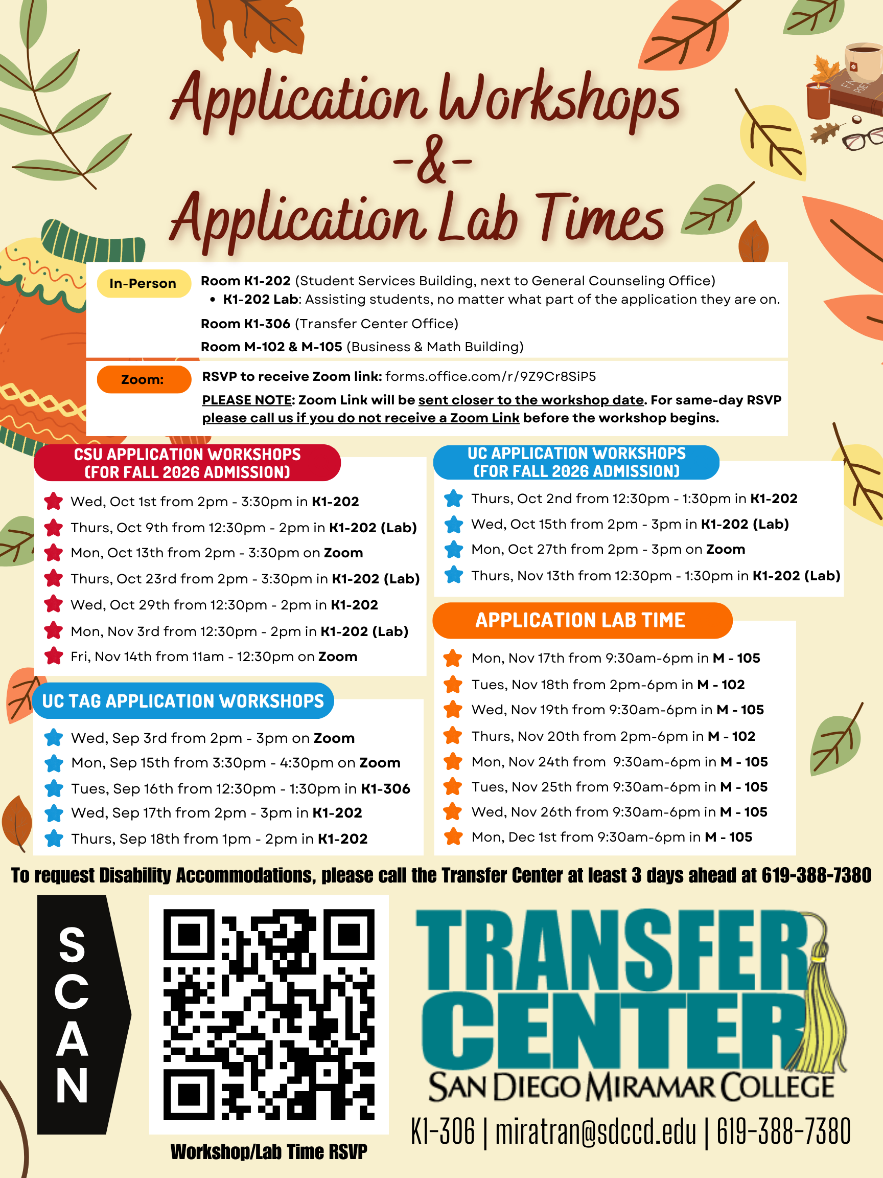 A flyer with a fall-themed background, and a listing of all fall application workshops and labs