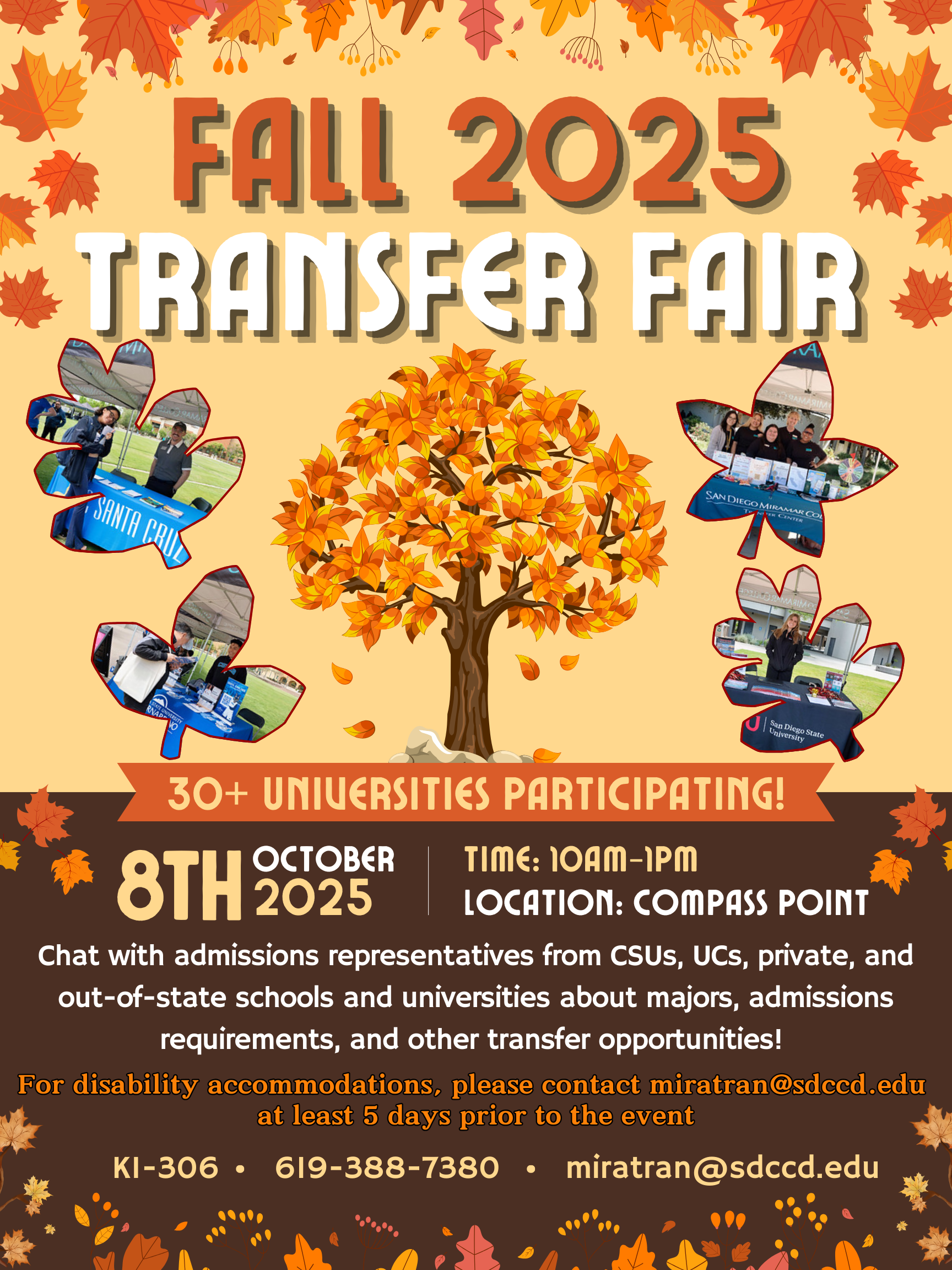 Flyer for Fall 2025 Transfer Fair on October 8, 10 AM–1 PM at Compass Point. Features autumn leaves and notes 30+ universities participating. Contact miratran@sdccd.edu or 619-388-7380 for accommodations.