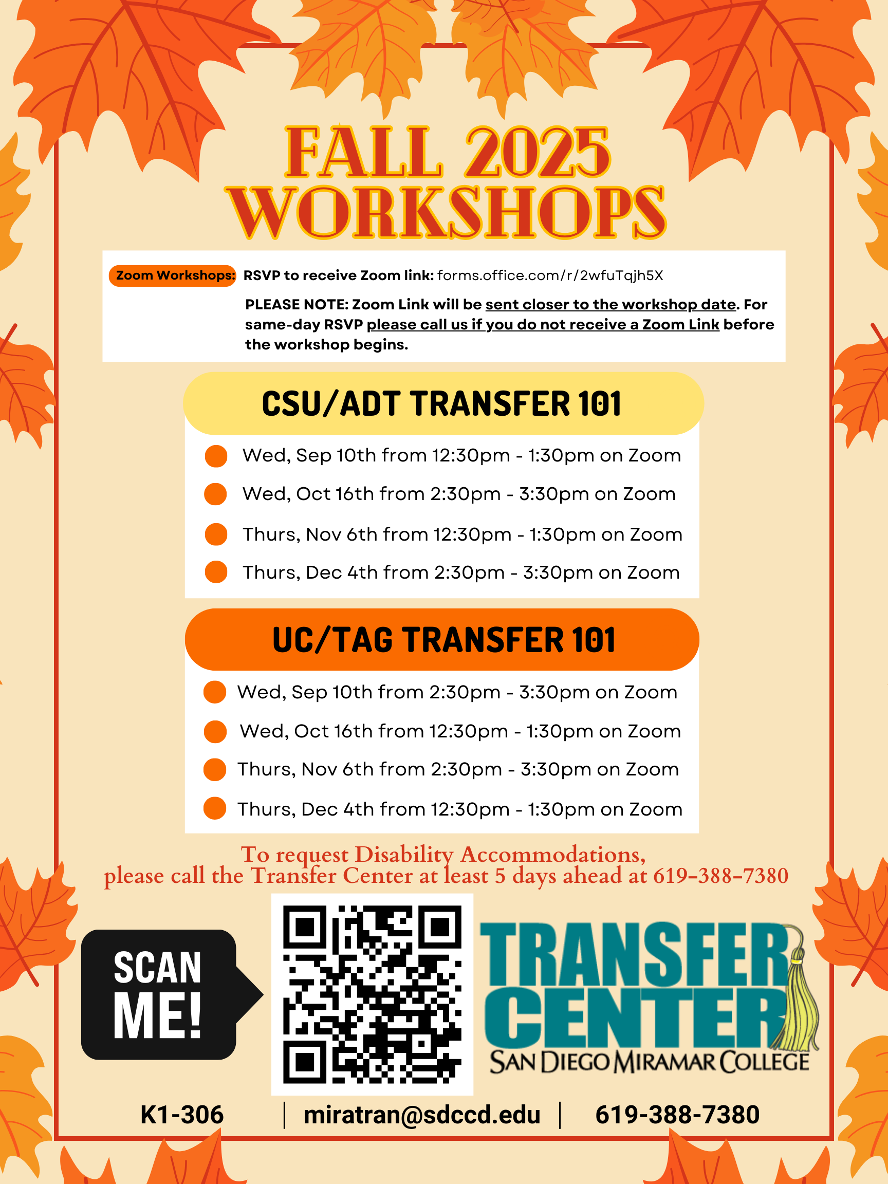 Flyer for Fall 2025 Transfer Workshops at San Diego Miramar College. Lists Zoom sessions for CSU/ADT and UC/TAG Transfer 101 on various dates from September to December. Includes RSVP link, QR code, and contact info for disability accommodations