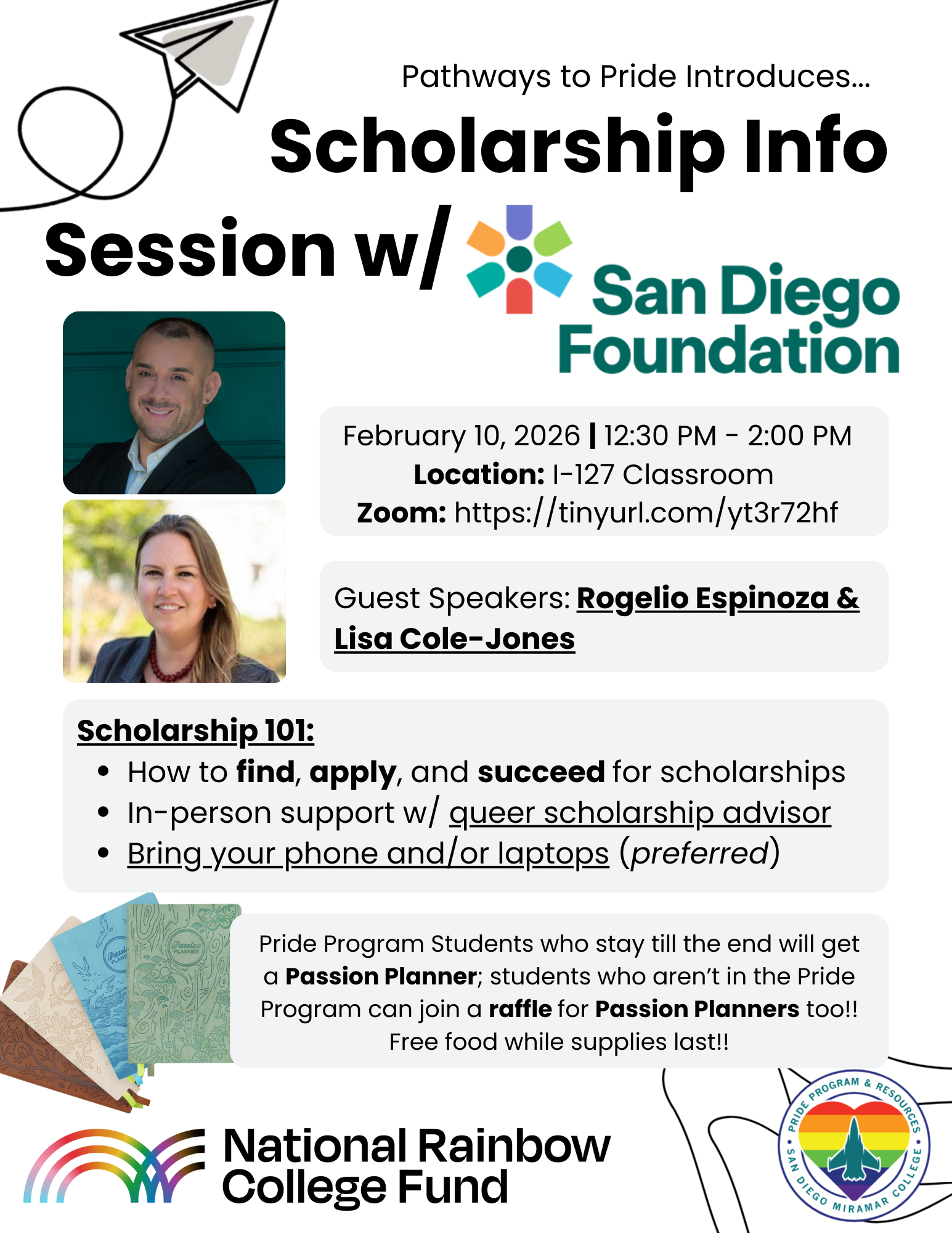 Flyer for pathways with PRIDE Scholarship Info Session w/ San Diego Foundation