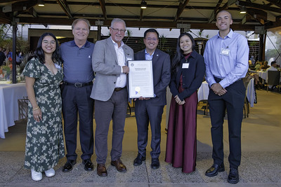 Image of Councilmember Kent Lee with President Lundburg, Miramar College Foundation Interim President Don Boas, and students with a City Proclaimation