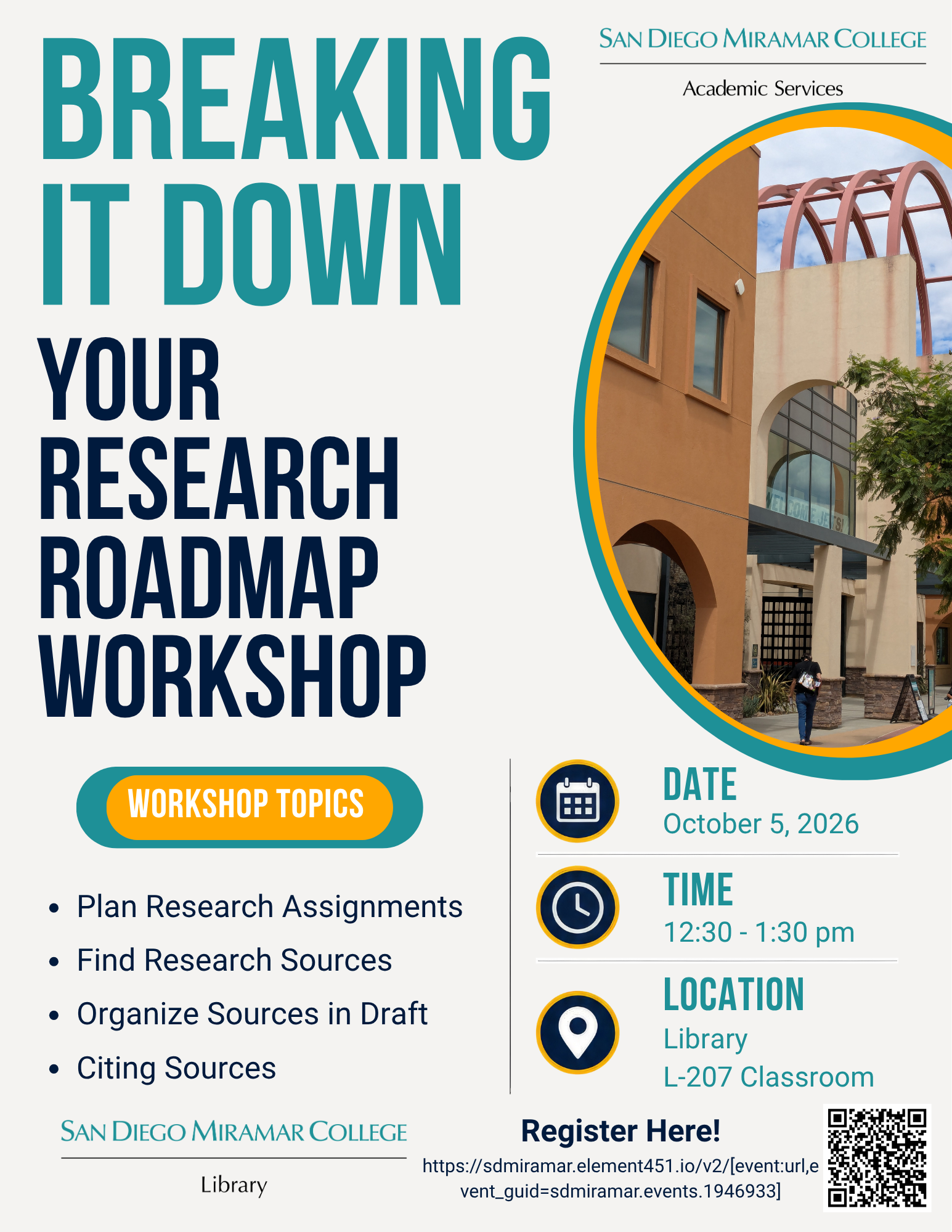 "Breaking It Down", your research roadmap workshop. The event will be held on October 5th from 12:30pm to 1:30pm in the Library classroom L-207. Topics include planning research assignments, finding research sources, organizing sources in a draft, and citing sources.