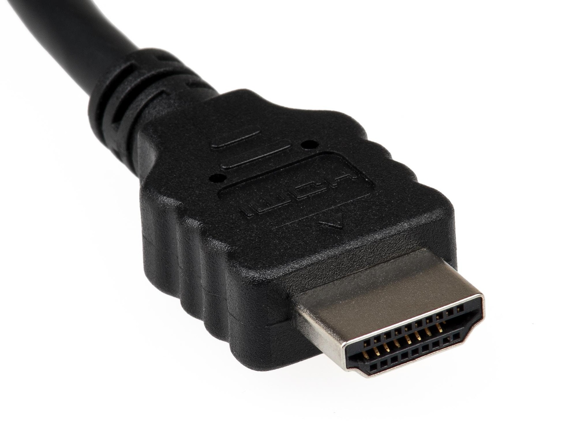 Male end of a black HDMI cable with a silver tip. The photo background is white.