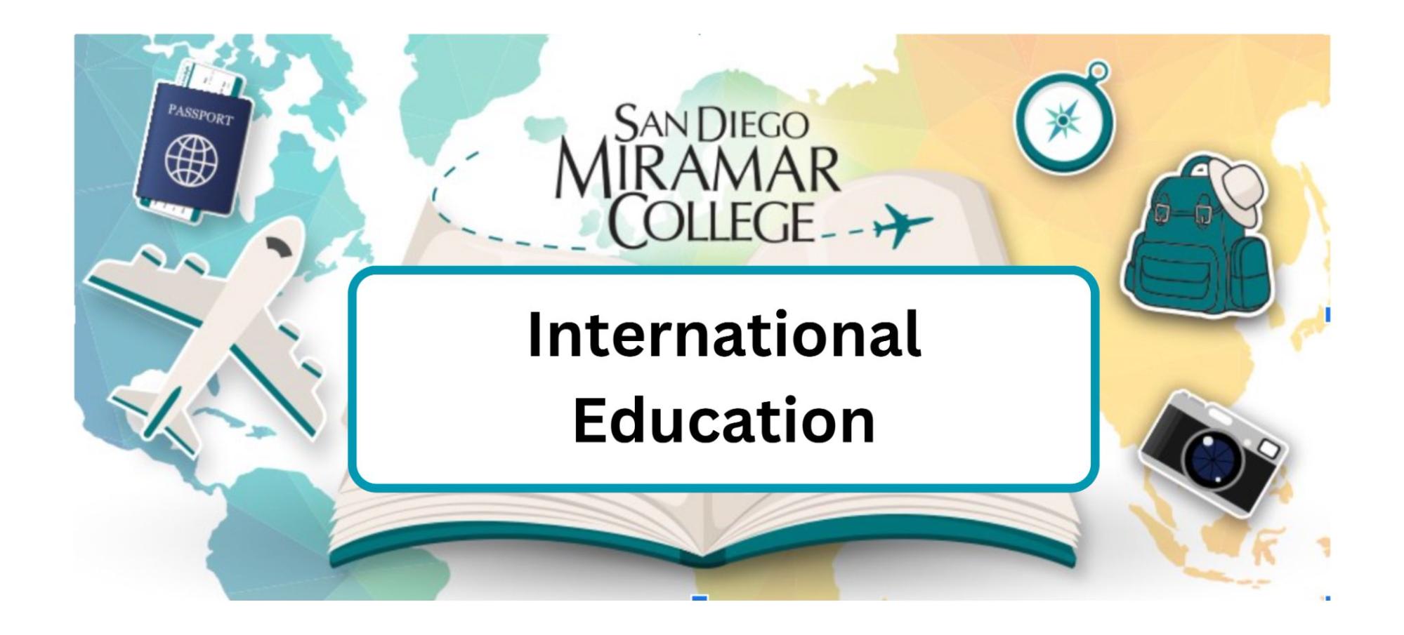 Banner for San Diego Miramar College International Education, featuring a map background, airplane, passport, compass, backpack, and camera illustrations.