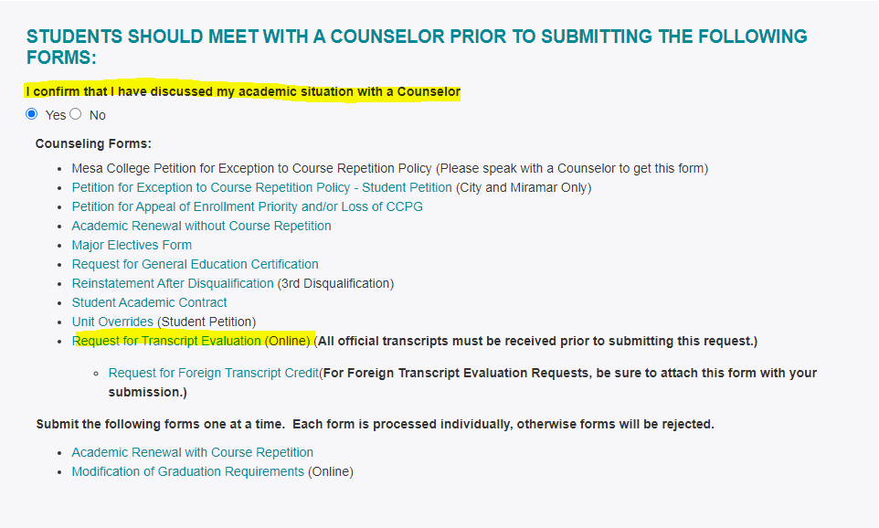 Screenshot of Counseling Forms