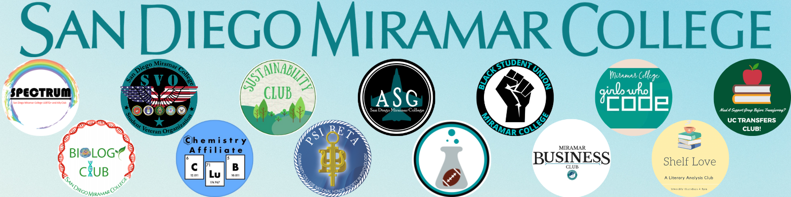 A collection of student club logos displayed for decoration under the San Diego Miramar College logo.