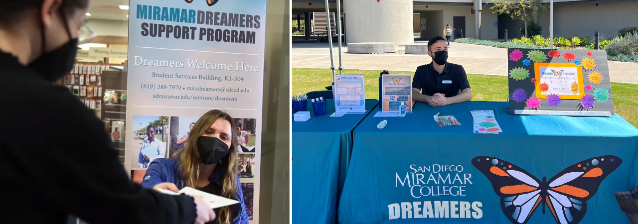 Two images of college employees behind display tables for the Miramar Dreamers Support Office. In one image a woman hands a student a piece of paper. In the second image, a college employee sits at a table with fliers, a presentation board, and other small items.