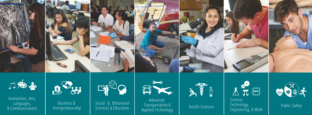 A collage of images depicting students in various educational settings. The image is underscored with several related graphics such as music notes and paint pallets for the humanities, etc.