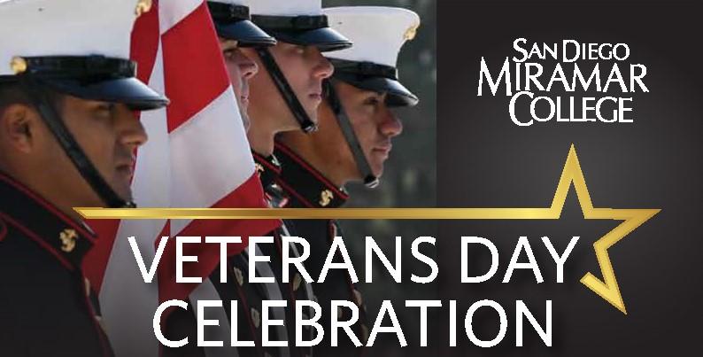 An image of four U.S. Marines standing beside the U.S. Flag. The image has a star graphic and words that read, "San Diego Miramar College Veterans Day Celebration."