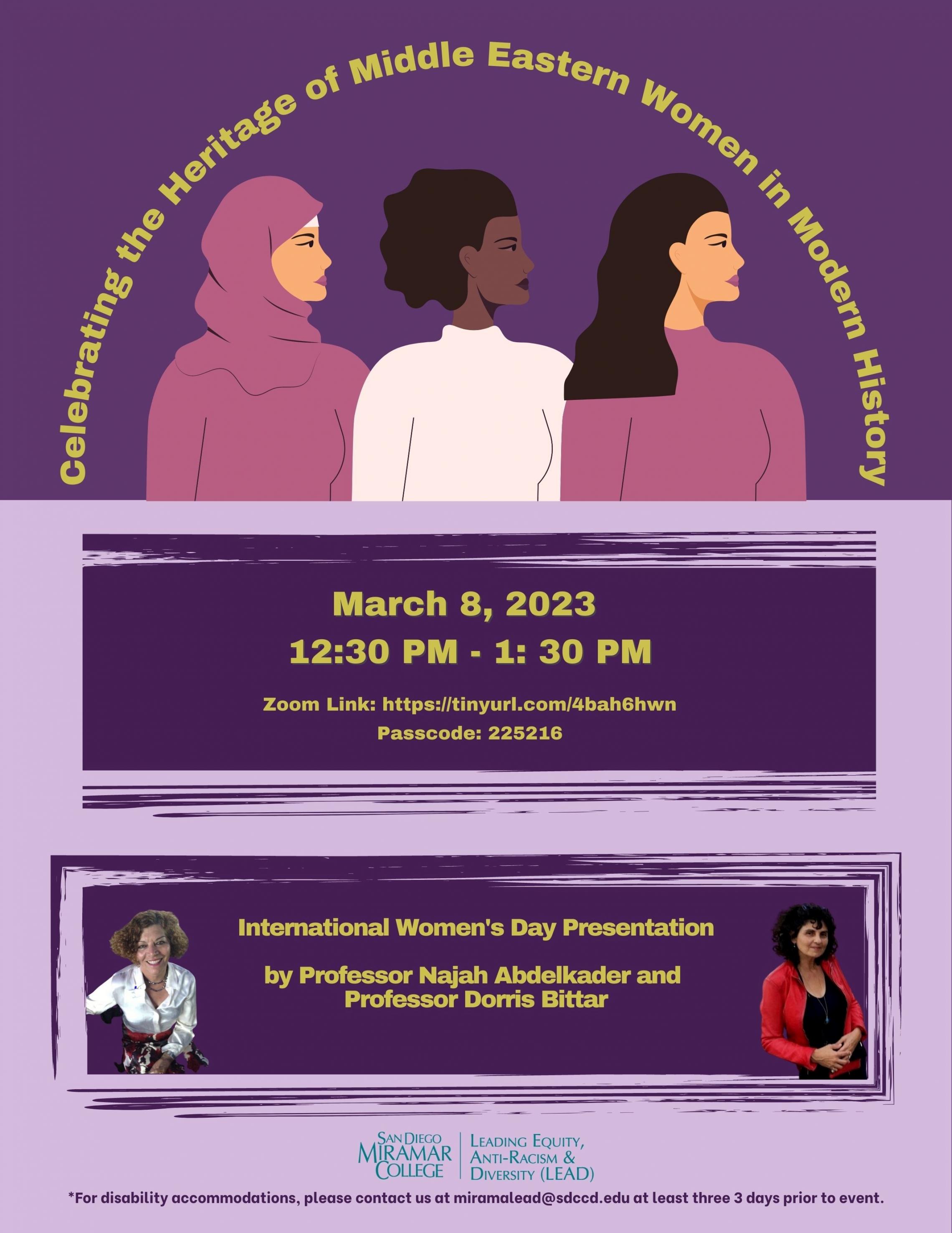 Image description: the background is purple and includes clip art images of women. In the center, under the clipart images of the women is information containing the details in yellow text of the events including the date, time, and zoom link. In the bottom third of the flyer is a purple box with the images of the presenters and their names in yellow text. Underneath the presenter information is the teal LEAD Office logo in the bottom middle along with information on disability accommodations in purple.