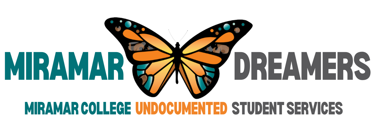 A decorative logo of a butterfly that reads Miramar Dreamers, Miramar College Undocumented Student Services