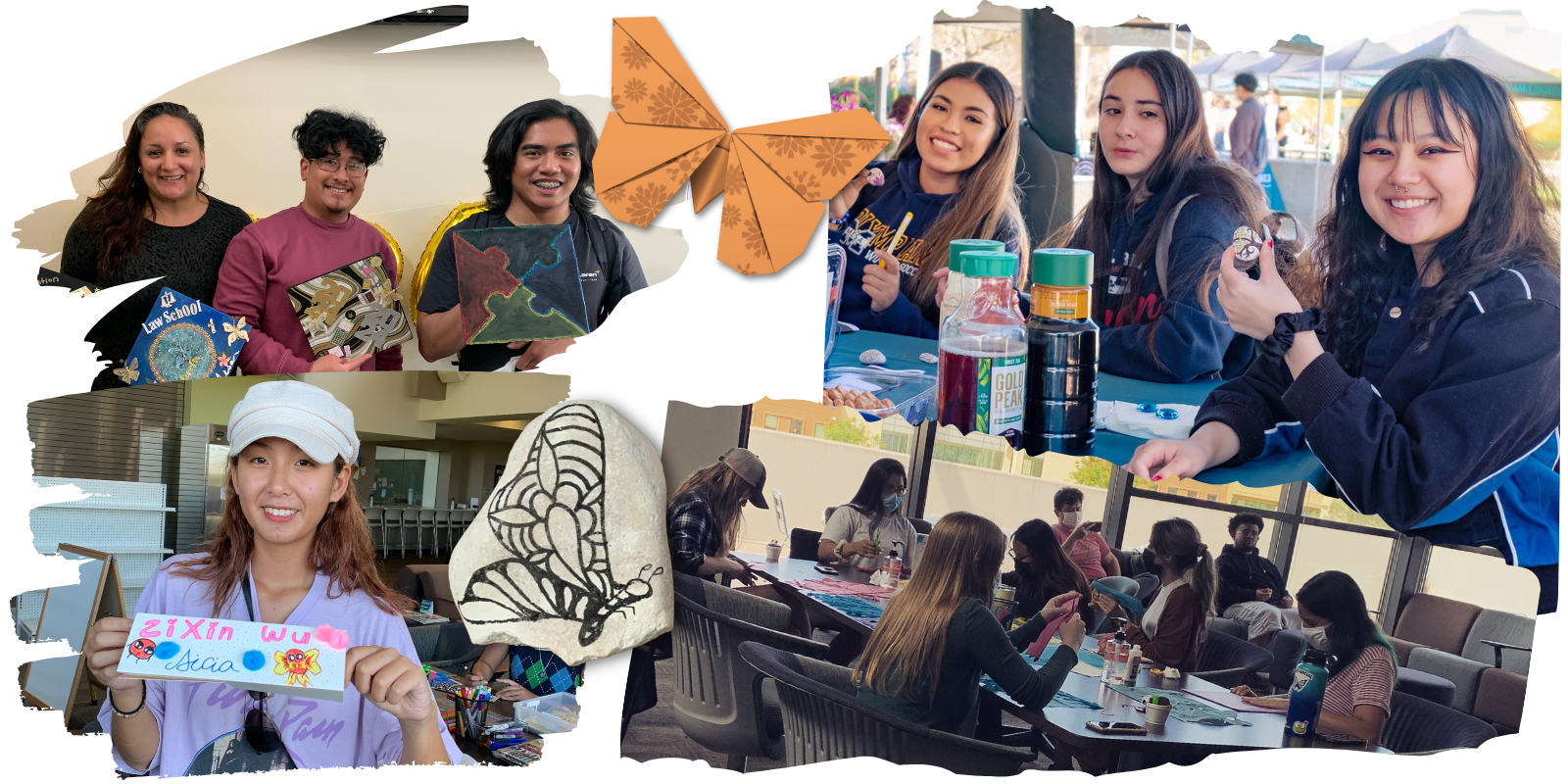 A collage of photos depicting diverse students smiling and showing off their arts and crafts creations.