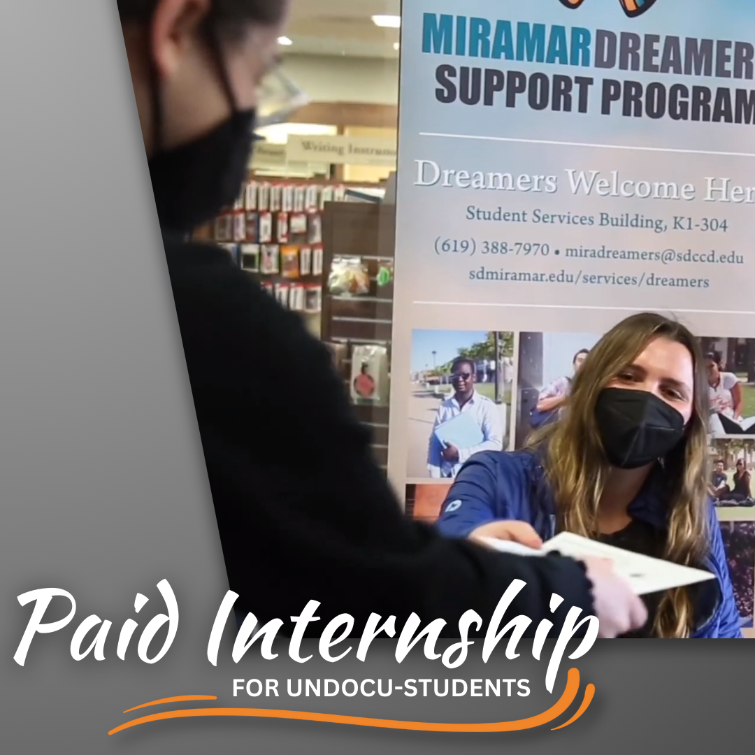 A female intern hands a paper to another student. Image text: paid internship for undocu-students.
