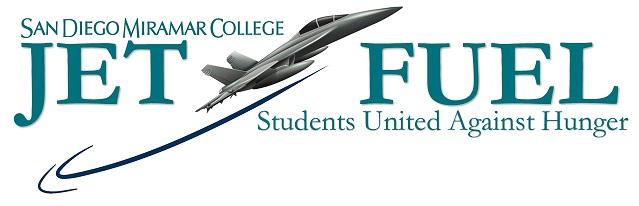 Food pantry logo of a jet. Words read, "San Diego Miramar College Jet Fuel. Students United Against Hunger."