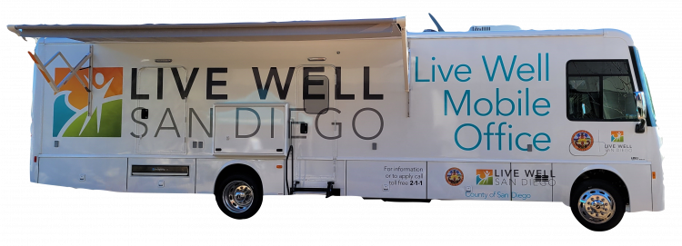 A photo of a bus. The words on the bus read, "Live well, San Diego. Live Well Mobile Office."
