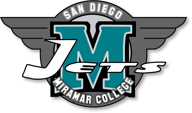 A logo graphic for the Miramar College Jets. The graphic depicts a stylized letter M and the words, "San Diego Miramar College Jets" overlaid on a graphic representing jet wings.