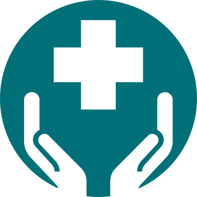 An icon of two hands below a healthcare cross
