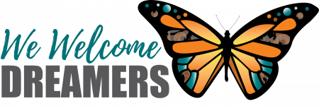 Dreamers alternative logo with the words We Welcome Dreamers and a butterfly graphic
