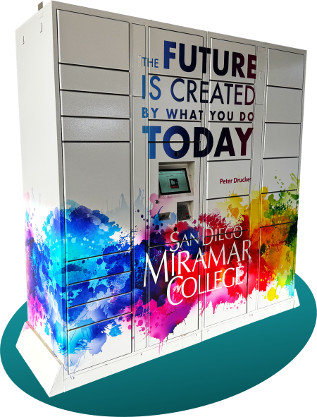 A block of free-standing lockers. The lockers have a colorful paint-splash design on the lower sections with the Miramar College logo overlaid the design. The upper portion of the lockers show the words, "The future is created by what you do today," which is a quote by Peter Drucker.