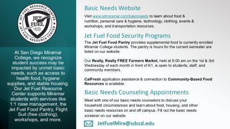 Slide about services offered by Basic Needs Department. To view full details visit www.sdmiramar.edu/basicneeds