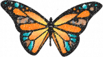 Crayon-drawn butterfly logo.
