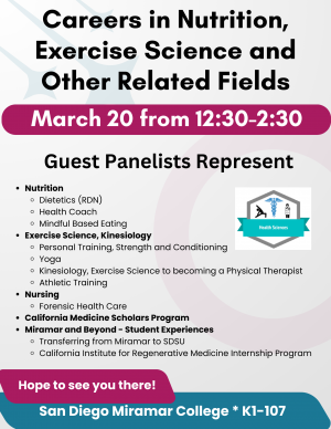 Nutrition, Exercise Science, and Other Related Fields Panel March 20 12:30 pm K1-107